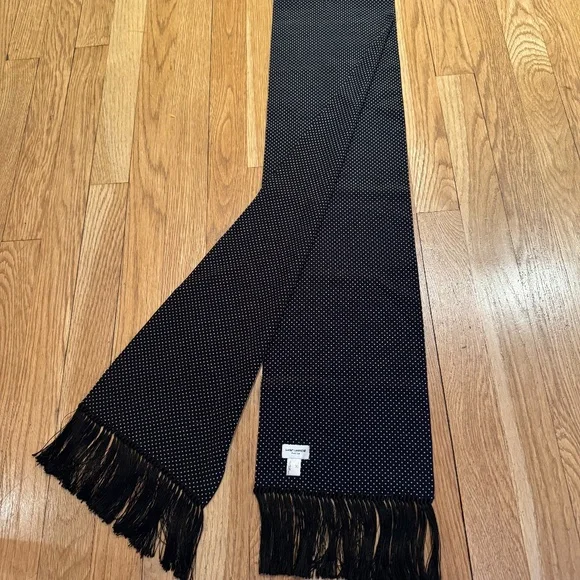SAINT LAURENT - 100% SILK BLACK & WHITE POLKA DOT FRINGE SCARF - Picture 3 of 10